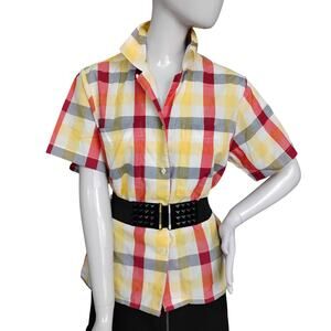 Vintage Partners by Mervyn's Button Down Shirt Size 14 Plaid Yellow Red & Black